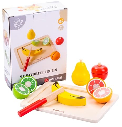 Dorjee - D3.010 - Wooden toy fruit cutting set - with wooden cutting board and knife - for ages 18 months and up.