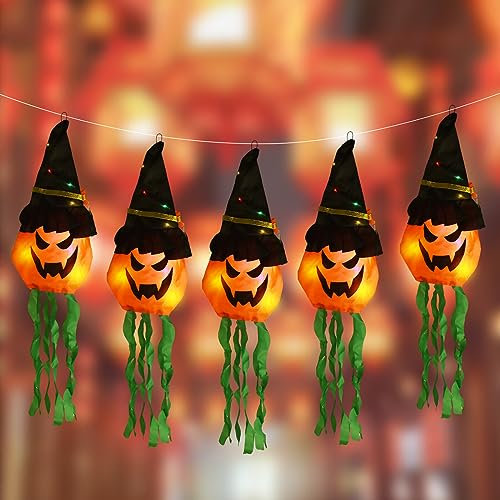 Vothen 5 PCS Zucca di Halloween Cappello da Strega, luci del Fantasma di Halloween 3 m Appeso Cappello da Strega Illuminato per Interni ed Esterni, Giardino, Portico, Albero Lights Outdoor
