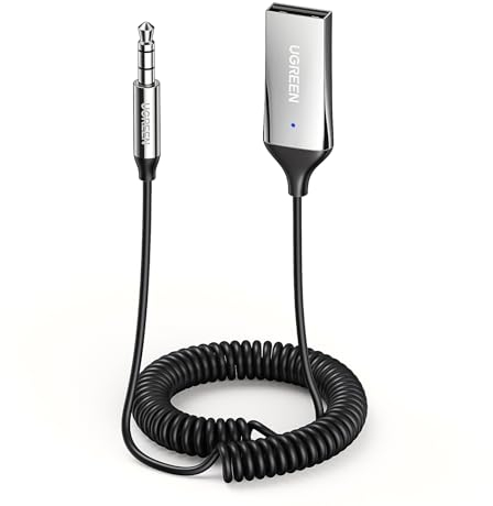UGREEN Aux Bluetooth Adapter Auto Bluetooth 5.3 Empfänger Klinke für Freisprechanruf und Wireless Musik kompatibel mit Auto mit Aux und USB Anschluss, Lautsprecher, Verstärker (Silber-Standard)