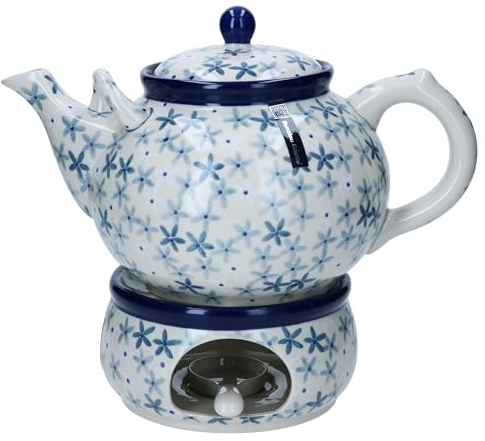 MamboCat Bunzlau Castle Sea Star Teekanne 1,8L mit Stövchen & Teelichtlöffel I cremefarbene Keramik-Kanne mit Griff & Deckel mit blauem Dekor I Ideal für losen & Beuteltee