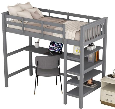 Lit mezzanine pour enfants 90x200cm,lit pour jeunes avec compartiments de rangement et bureau sous le lit,protection contre les chutes de lit pour enfants,lit pour enfants en bois polyvalent,Grey