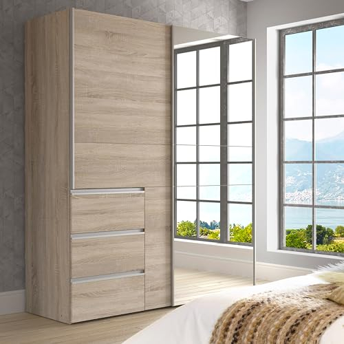 FORTE WINN 2 Schrank, Kleiderschrank mit Spiegeltür, Schlafzimmerschrank, Schwebetürenschrank mit Schubladen, Holz Dekor: Sonoma Eiche, 170 cm breit x 200 cm hoch x 61,2 cm tief