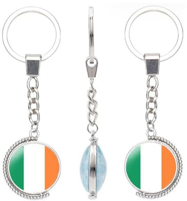 vmcoatdu Schlüsselanhänger mit Nationalflagge, doppelseitig, drehbar, Geschenk für Männer und Frauen, Edelstahl, Glas, Irland, Einheitsgröße