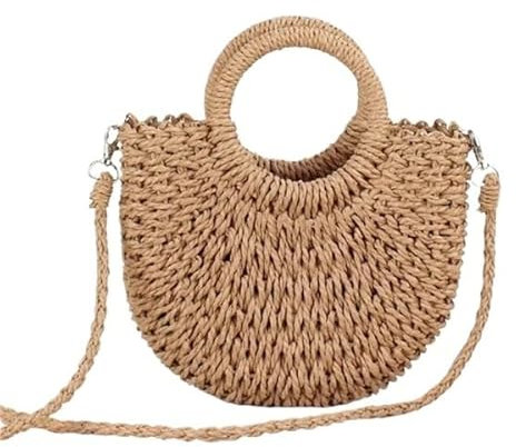 BLacOh Korbtaschen Damen Handgemachte halbrunde Rattan gewebte Strohtasche Sommer Damen Messenger Umhängetaschen Mädchen kleine Strandhandtasche Strohtaschen Damen (Color : Khaki)