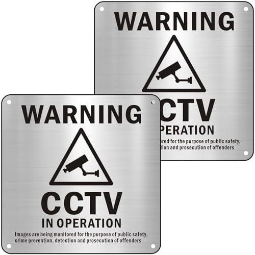 Data Compliant GDPR CCTV Sign Brushed Aluminium Self Adhesive in Operation 15x15cm Camera Metal Signs Outdoor Waterproof, UV Resistant, Durable Pack of 2