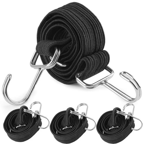 4 Pack Bungee Cords With Hooks,1M Adjustable Bungee Straps,Heavy Duty Flat Elastic Straps for Bicycles,Camping,Roof Racks,Luggage Rack(Black)