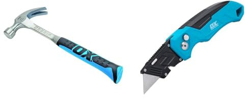 OX Pro Claw Hammer - 20 oz & P224301 Pro Heavy Duty Fixed Blade Folding Knife, Blue/Black