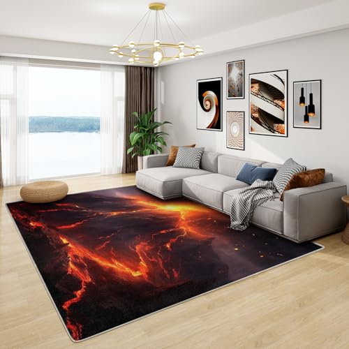 Vulkan Teppich Kinderzimmer - Teppich Wohnzimmer Schlafzimmer Lava, Kleiner Teppich Vulkan, Weich Kurzflor & Waschbar & rutschfest Fussmatte Innen, Kinderteppich 50x80 cm