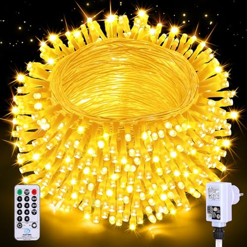 Auriostar Lichterkette Außen 20M 200LED - Lichterkette Weihnachtsbaum Outdoor 8 Modi mit Fernbedienung Timer, IP44 Wasserdicht Lichterkette Strom Innen für Garten Balkon Hochzeit Party Warmweiß