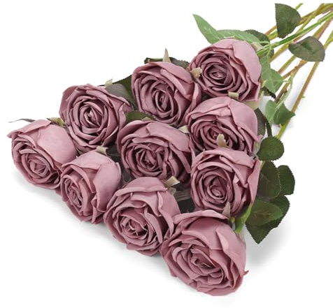 DuHouse Künstliche Rosen, Seidenblumen, Lange Stiele, 10 Stück, Staubige Rose