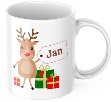 drunkLY Weihnachtstasse mit Namen - personalisierter Keramik Kaffee-Becher – personalisiert, Weihnachtstasse - Glühwein-Tasse - Nikolaus & Wichteln Geschenk-Idee (Rentier mit Geschenk)