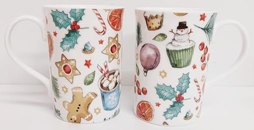 Rainbow Decors Festive Treats Mugs Set of 2 Fine China 300 ml 10.5 fl oz Christmas Windsor Cups Hand Decorated UK