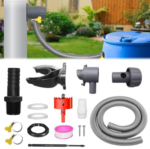 Hengrongshen Juego de colector de lluvia, para bajante de 70 – 110 mm, colector de agua de lluvia con accesorios de montaje, incluye manguera de 1 m, filtro de bajada, conector de barril de lluvia,