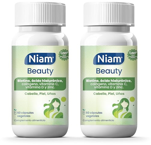 [Pack de 2] Biotina para el Cabello, Ácido Hialurónico, Selenio, Zinc y Colágeno | Vitaminas para el Pelo, Piel y Uñas | Pastillas Anticaída | 120 Cápsulas - 4 meses de tratamiento | Niam Beauty