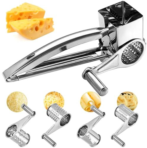 Gourmet Parmesanreibe Kurbel, Käsereibe mit Kurbel und 4 Schneidtrommeln, Edelstahl Parmesanreibe mit Behälter Käsereibe, Manuell käsereibe für Hartkäse Weichkäse Gemüse Schokolade Obst Nüsse