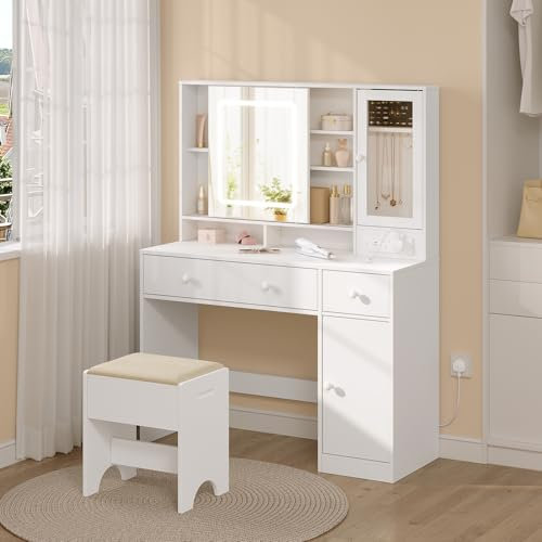 WOLTU Schminktisch mit LED Beleuchtung und Hocker, Einstellbarer Helligkeit, Frisiertisch mit 1 Schmuckschrank 1 Schrank 2 Schubladen, Kosmetiktisch mit Spiegel, Steckdosen, Weiß