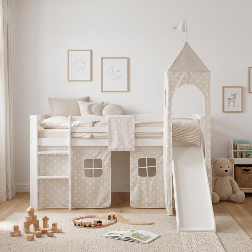 Homestyle4u Lit mezzanine, blanc, 90 x 200 cm, avec matelas, sommier à lattes, rideau pour enfant, toboggan, tour en pin massif, protection anti-chute
