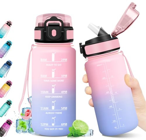 KollyKolla Botella de Agua 500ml, Cantimplora con Marca de Tiempo, con Pajita, Reutilizable, sin BPA, Botella Motivacional, Garrafa Agua para Deporte, Oficina, Escuela, Bicicleta, Running