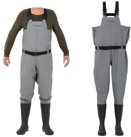 TRIZAND Watstiefel Herren PVC – Anglerhose mit Stiefel & Trägern – Wasserdichte Wathose für Angeln, Jagd, Teicharbeiten – Größe – Grau (43)