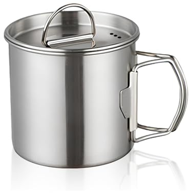 Stainless Steel Camping Mug with Lid 350ml Foldable Handle Outdoor Coffee Cup for Hiking Travel Silver