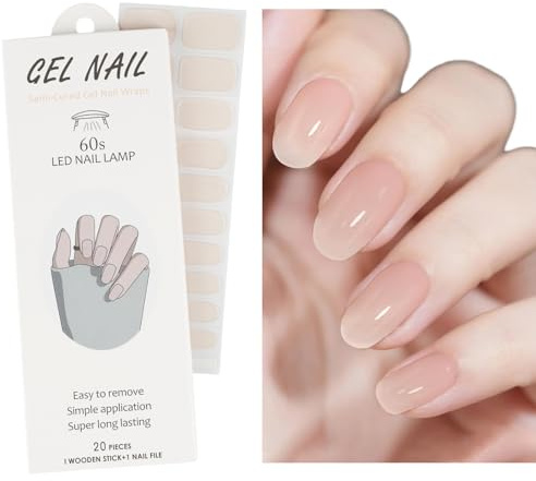 lulir Gel Nail Stickers, 20 Pcs Semi Cured Gel Nail Strips Wraps UV/LED Nails Art Design Decoration Accessories, Glossy Finish, Lasts Up to 14 Days, Easy to Apply,Nude Pink