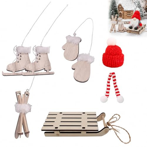 FMPXYYA Accessoires Maison de poupée Noël – 7 pièces traîneau Miniature avec Patins à Glace, Skis, Gants, Bonnet, écharpe – déco Hiver 1:12 pour lutins et Enfants