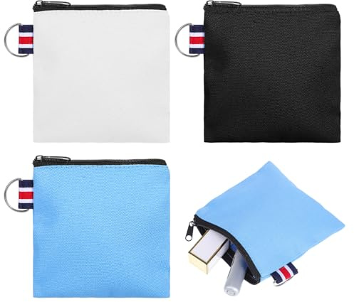 3 Stück Canvas Reißverschlusstasche Klein, 11x11 cm Quadrat Canvas Kosmetiktasche Klein Reise Münztasche, Make-up Aufbewahrungstasche für Lippenstift Kosmetik Münzen Kopfhörer Ladekabel