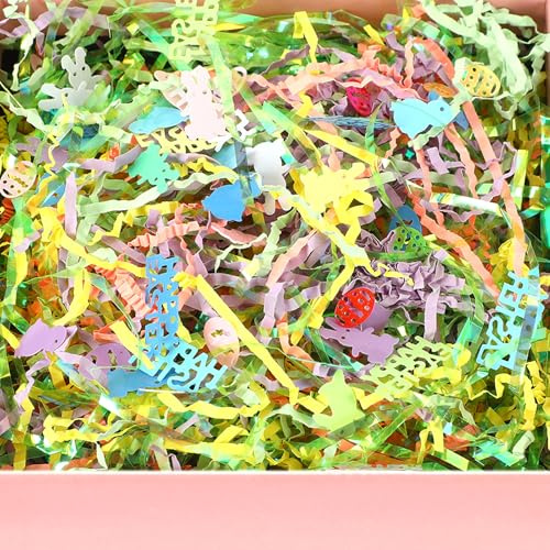 JULBEAR Easter Basket Fillers, 16oz Rainbow Crinkle Paper Shred Raffia Grass, Easter Grass Shredded Paper for Gift Box, DIY Crafts, Party Decorations