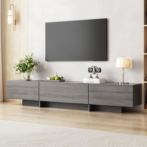 SVEYLXA 191 cm Modernes TV-Schrank fürs Wohnzimmer, Mid-Century Modern TV-Lowboard, Fernsehschrank mit 3 Schubladen, Großer Aufbewahrungsschrank, Mediaschrank für Wohnzimmer und Schlafzimmer in Grau