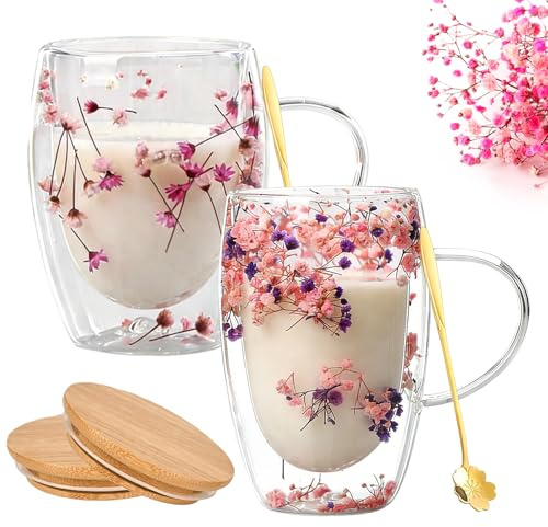 2 Stück Doppelwandige Gläser, 350ml Blumen Doppelschicht Glasbecher, Isolierte Kaffeetassen Aus Glas, Trockenblumen-Doppelglas, Doppelwandig Cappuccino Tassen für Cappuccino Tee Milch (Rosa + Lila)