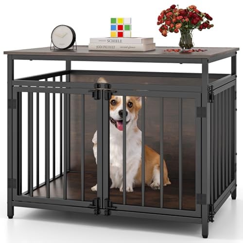 COSTWAY Hundekäfig Möbel, Hundebox für zuhause mit DREI Türen | Hundegitterbox Holz Indoor für kleine & mittelgroße Hunde, Beistelltisch aus Holz & Metall, 80 x 60 x 64 cm