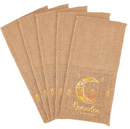 Zghhc À Couverts en Toile De Jute Décoré pour L'aïd Moubarak, Pochette pour Couverts Serviettes, Porte-ustensiles pour Les Fêtes du Ramadan