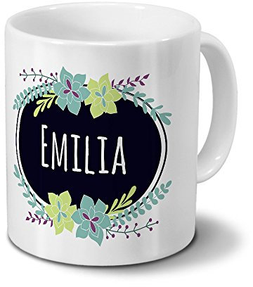 printplanet Tasse mit Namen Emilia - Motiv Flowers - Namenstasse, Kaffeebecher, Mug, Becher, Kaffeetasse - Farbe Weiß