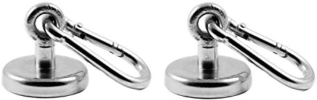 Magnetastico® | 2 Stück Neodym N35 Ösenmagnete mit Karabiner 42 mm Ø | Haltekraft 68 Kilogramm | Extra starke Neodymium Karabinerhaken-Topfmagnete mit Öse bzw. Ringschraube verzinkt