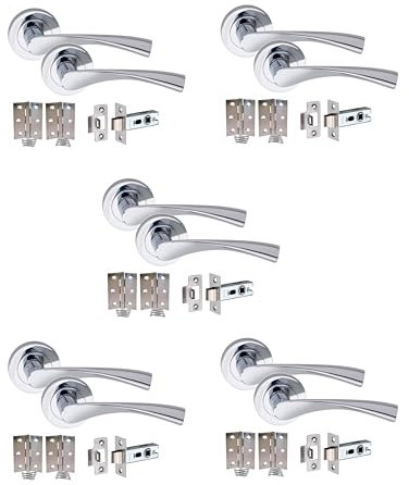 Golden Grace Astrid Style Modern Door Handles Lever Latch on Rose in Polished Chrome Finish - 5 Sets