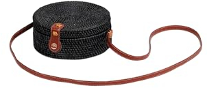 Ulisty Damen Rund Handgefertigt Rattan Tasche Kreis Handgewebt Stroh Tasche Korb Sommer-Strandtasche Schultertasche Umhängetasche schwarz