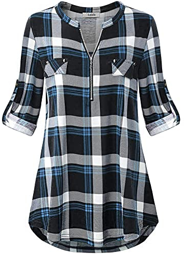 Lalala Longshirt Damen 3/4 Ärmel Knopfleiste Henley Bluse Karierte Business Hemd Obertele (B-blau XXL)