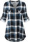 Lalala Longshirt Damen 3/4 Ärmel Knopfleiste Henley Bluse Karierte Business Hemd Obertele (B-blau XXL)