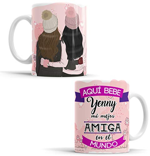 OyC Original y Creativo Taza Amiga - Taza Aquí Bebe la Mejor Amiga del Mundo/Taza aqui Bebe una Super Amiga/Taza con Frase y Dibujo Personalizada con Nombre (Mejor Amiga 3)