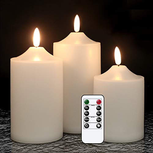 Eldnacele Flickering Flameless Candles with Remote, Waterproof Battery Operated LED Candles, White Pillar Candles for Indoor Outdoor Home Garden Lantern Decoration (Pack of 3)