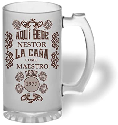Bee Ingenious Jarra cerveza personalizada de cristal esmerilado. Jarra de cerveza original: Aquí bebe...la caña con nombre, fecha y textos personalizados