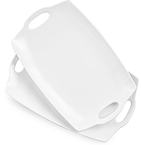 LYEOBOH Lot de 2 grands plateaux de service rectangulaires en porcelaine avec poignées pour le divertissement Blanc 40,6 cm