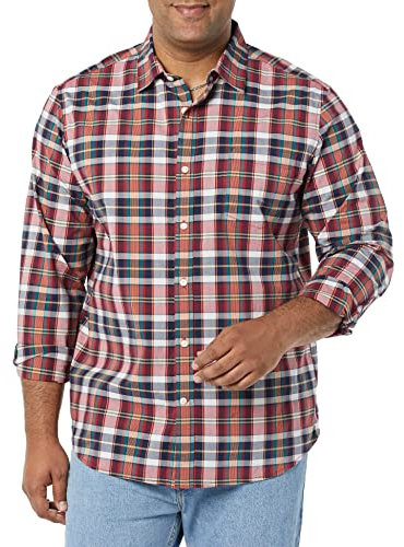 Amazon Essentials Men's Long-Sleeved Regular-Fit Stretch Poplin Shirt, Red White Plaid, L