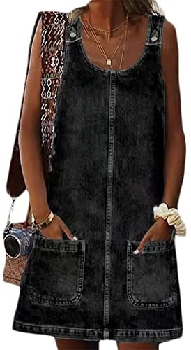 Onsoyours Salopette Gonna Donna Corti Vestito Salopette di Jeans Senza Maniche Denim Vestito Overall Tuta Taglie Forti con Bretelle e Tasche Nero XL