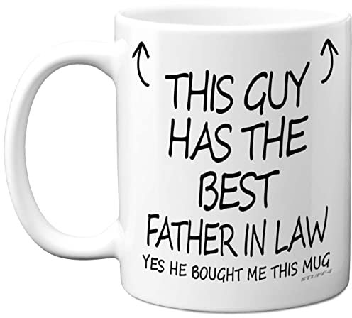 Stuff4 Tasse mit Aufschrift This Guy Has The Best Father in Law, Geschenk für Schwiegervater, 325 ml, Keramik, spülmaschinenfest, Sohn-Geschenke zum Geburtstag, Weihnachten, Premium-Tasse