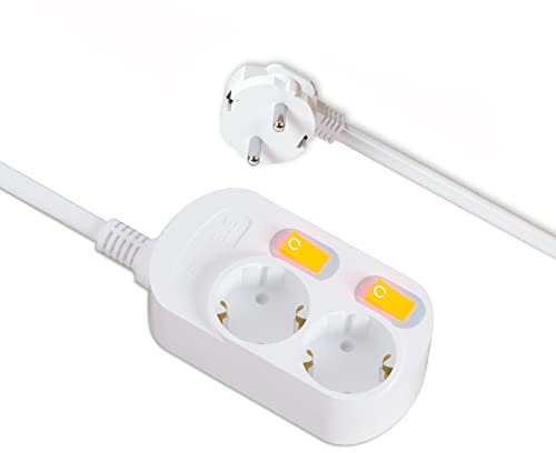 NEUVIELE Steckdosenleiste 2-Fach mit Überspannungsschutz und 3m Kabel (Mehrfachsteckdose mit Schalter) PC (2 Fach 3M)