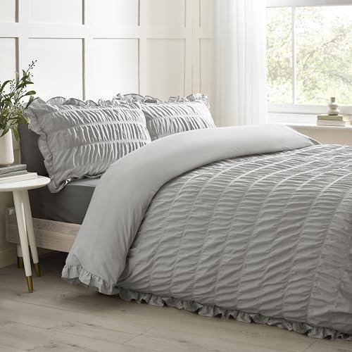 Catherine Lansfield Seersucker Rüschen-Bettwäsche-Set für Doppelbett mit Kissenbezügen, Silbergrau