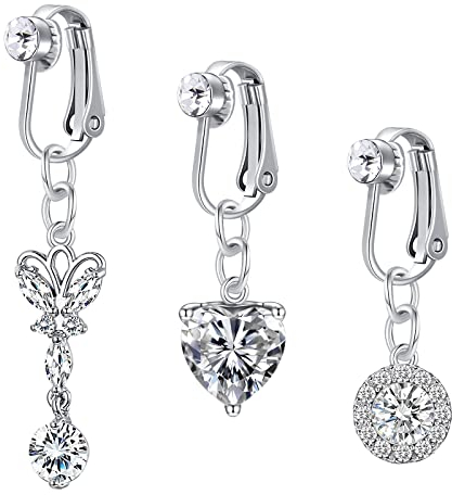 VCMART 3pcs clip su ombelico anelli non trafitto falso ombelico bar cuore luna ciondola argento falso piercing gioielli