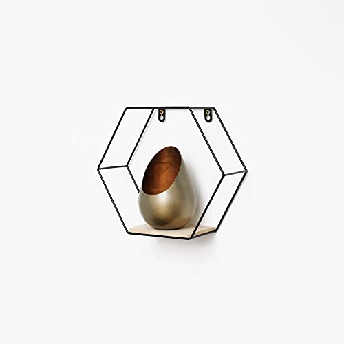 IVOL Wabenförmiges Wandregal aus Metall 1 Holzregal - 25 x 28,5 cm - Schwarz - Hängend Wandregal für Wohnzimmer - Wohnzimmer Regal Wanddeko Hexagon