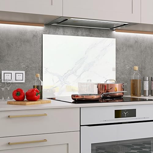 BELOFAY 60x70cm White Marble Tempered Glass Splashback for Kitchen | 6mm Toughened Glass Heat Resistant Splashbacks for Cookers 600x700mm